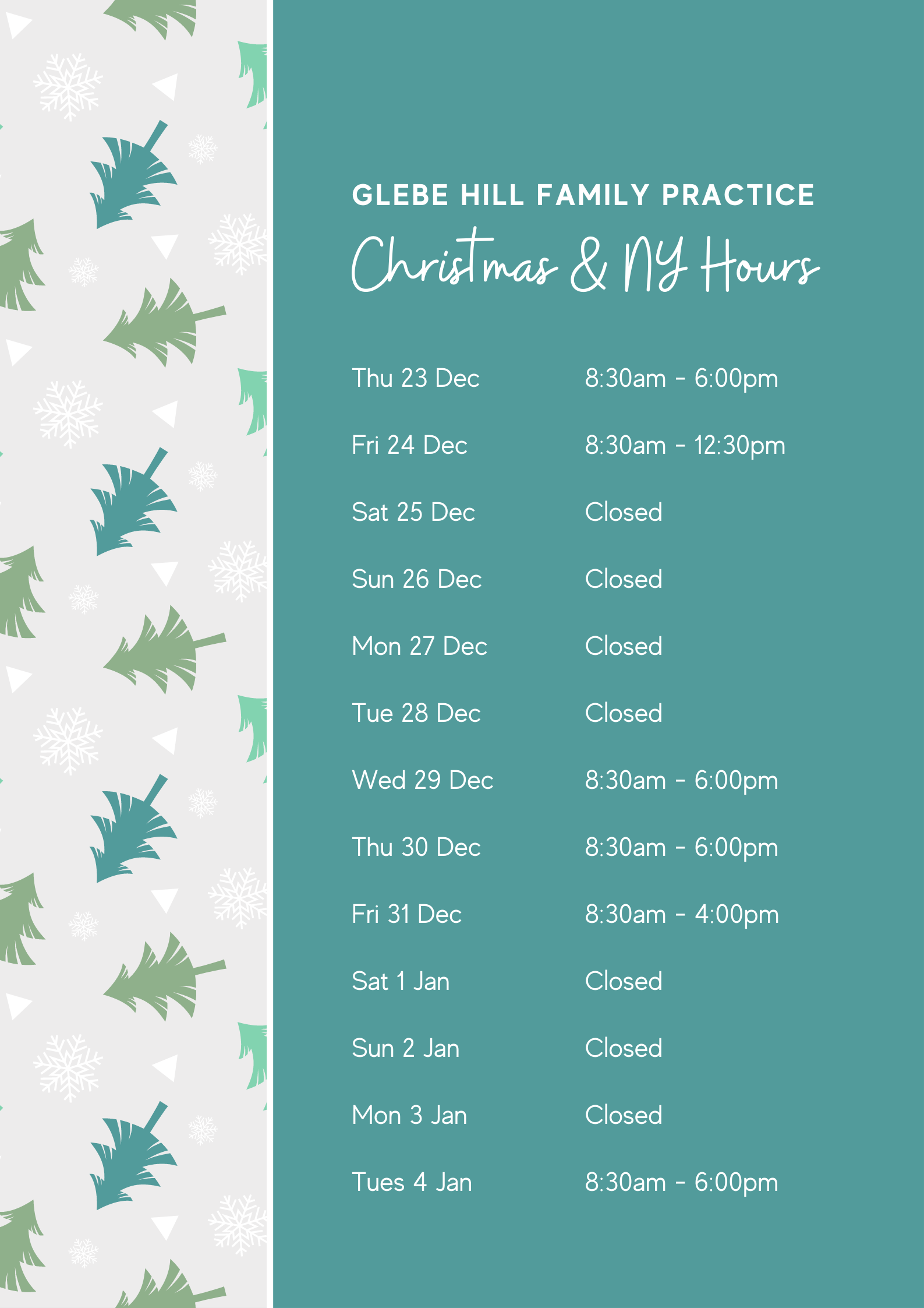 Glebe Hill Family Practice - Christmas & NY Open Hours 2021